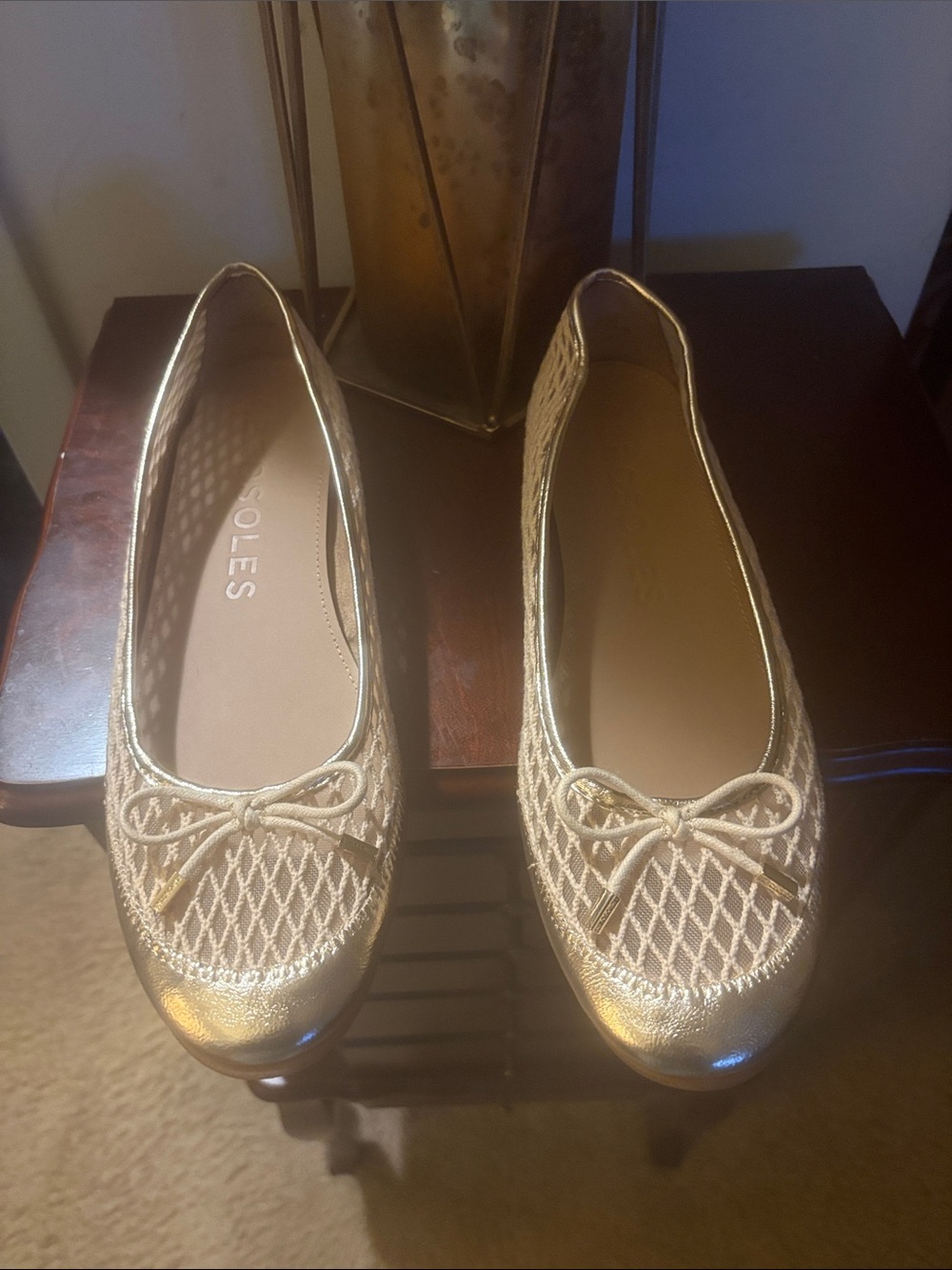 AEROSOLES Metallic Gold Knit Ballet Flats with Bow Accent